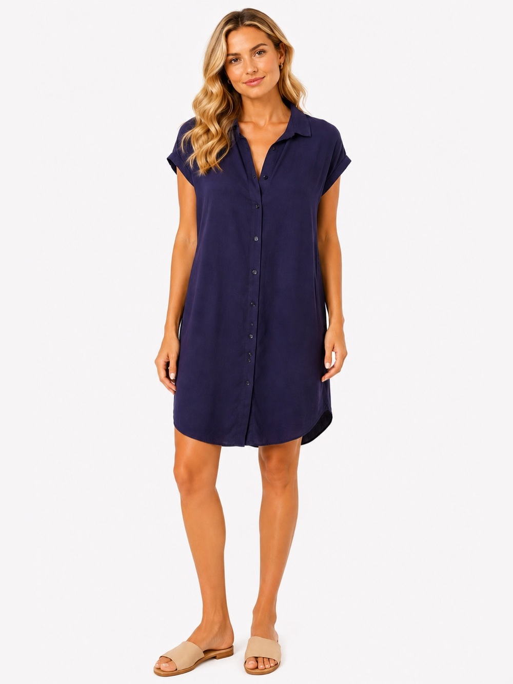 Eileen Fisher Size Medium Navy Button-Front Dress with Collar